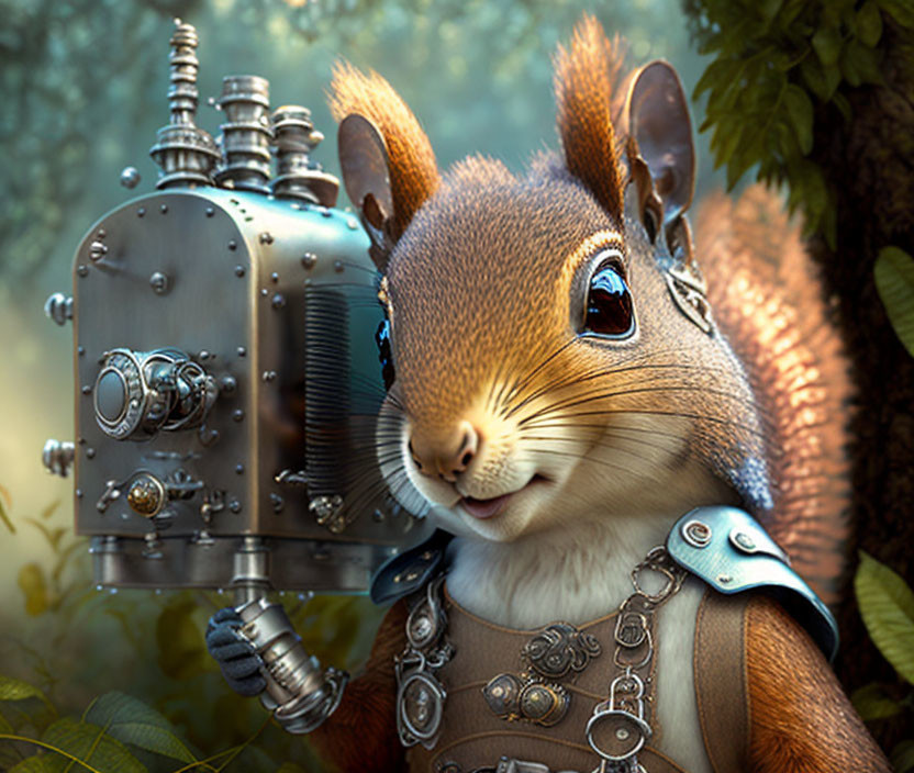 Whimsical 3D illustration: Squirrel with steampunk gear in lush forest