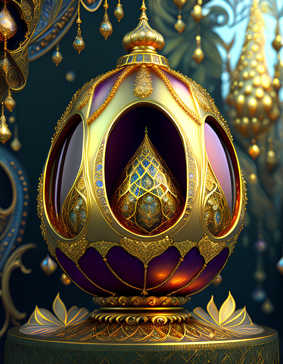 Intricate golden egg with jewels on decorative background
