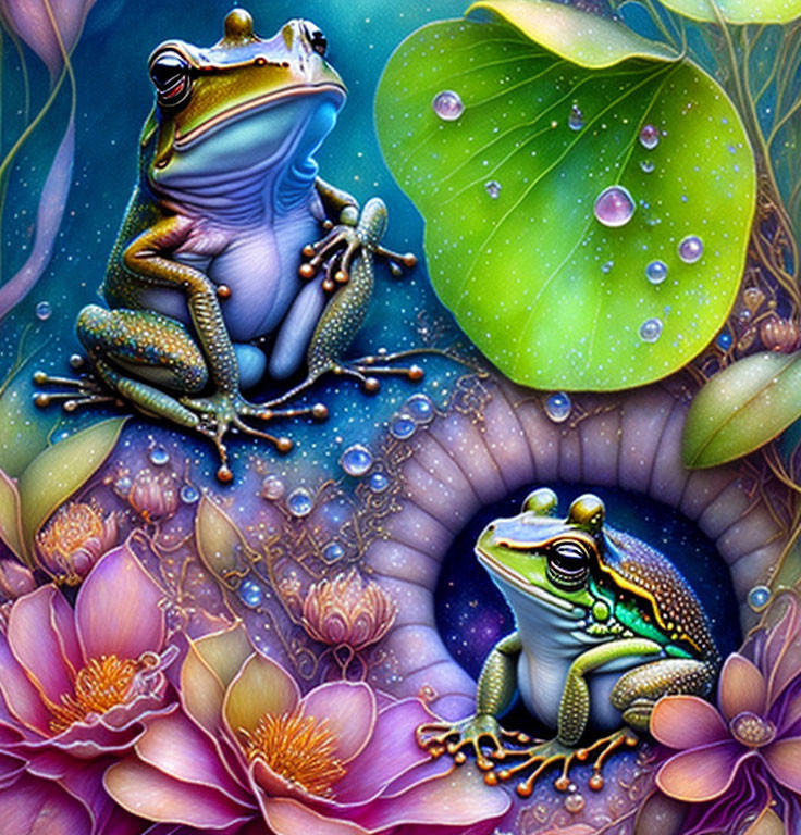 Colorful Stylized Frogs in Lush Foliage and Starry Background