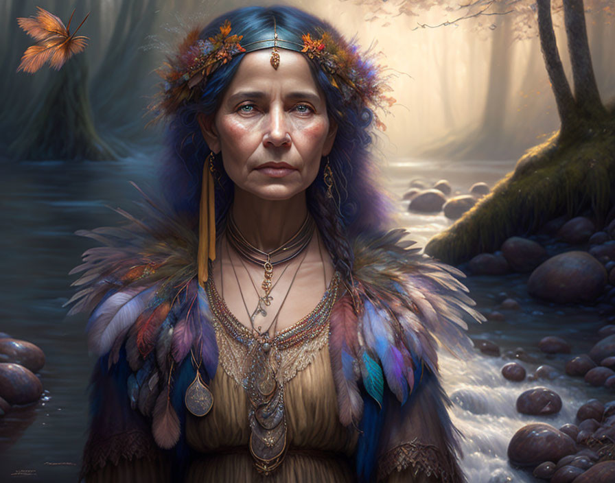 Illustration of wise woman with feather headdress by serene forest river