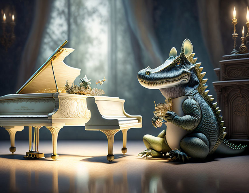 Anthropomorphic alligator in royal attire at grand piano in opulent room