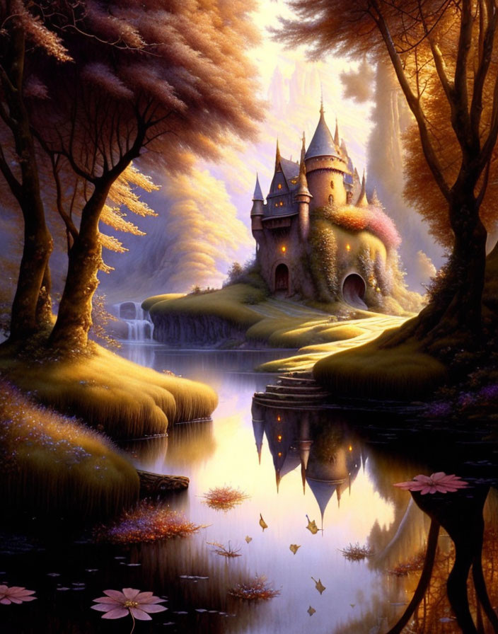 Autumnal forest with fairytale castle, river reflection, vibrant flora