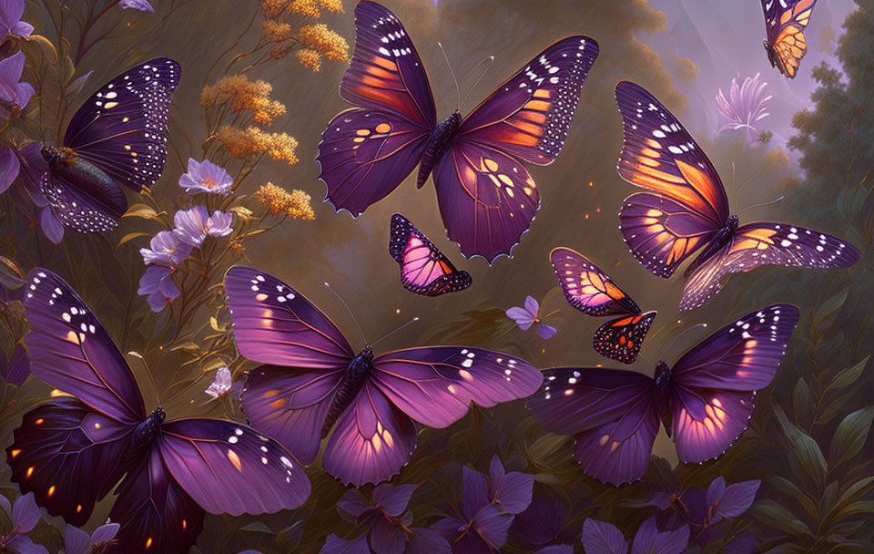 Colorful digital artwork of purple and orange butterflies in a flower-filled, dreamy setting