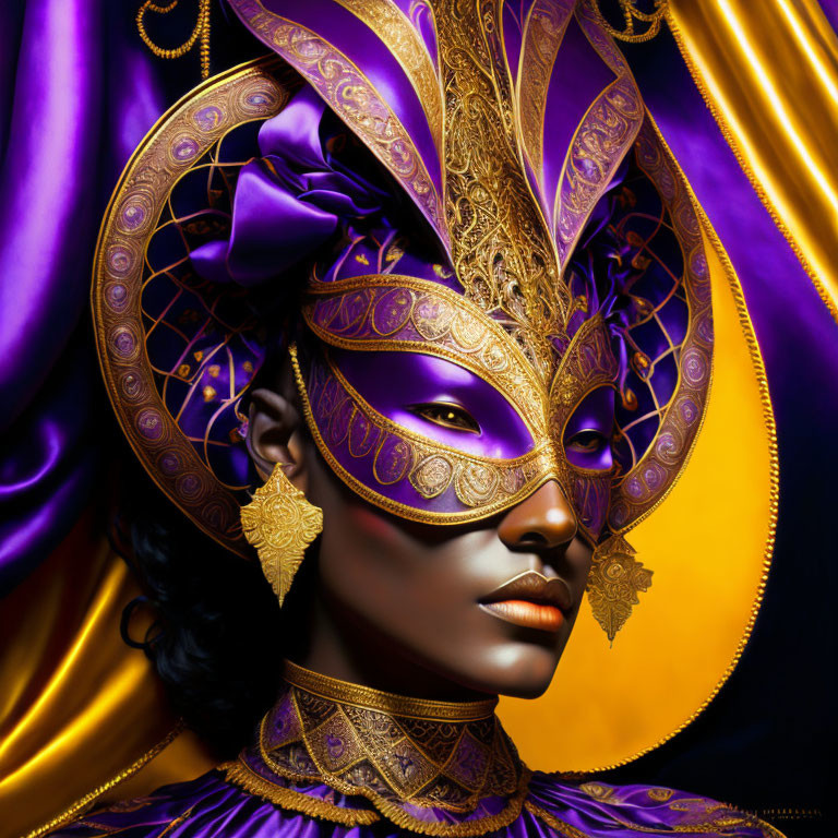 Luxurious Purple and Gold Venetian Mask on Woman Against Rich Background