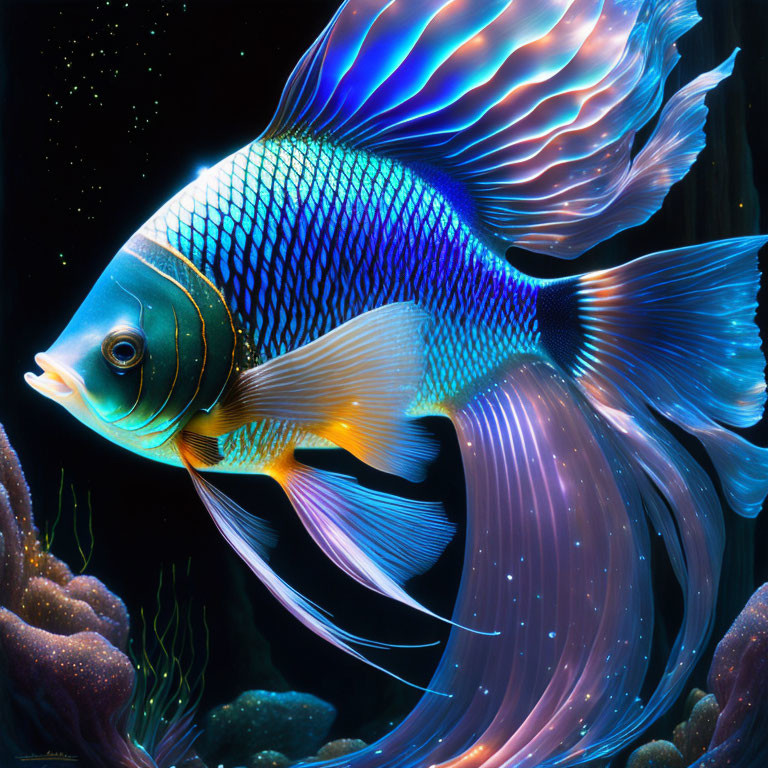 Colorful Tropical Fish with Blue Patterned Body and Flowing Fins on Dark Background