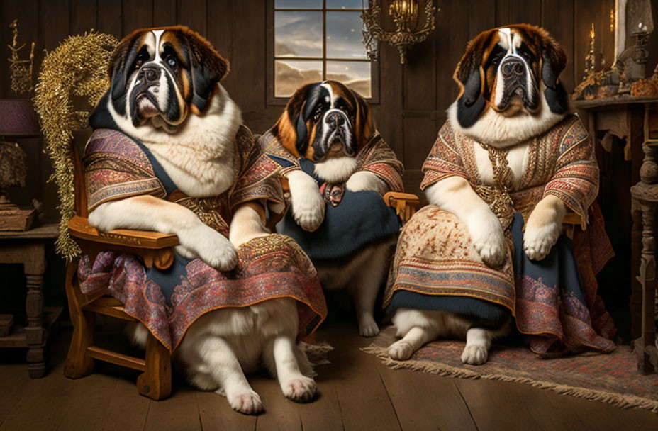 Three dogs in regal medieval costumes against rustic wooden backdrop