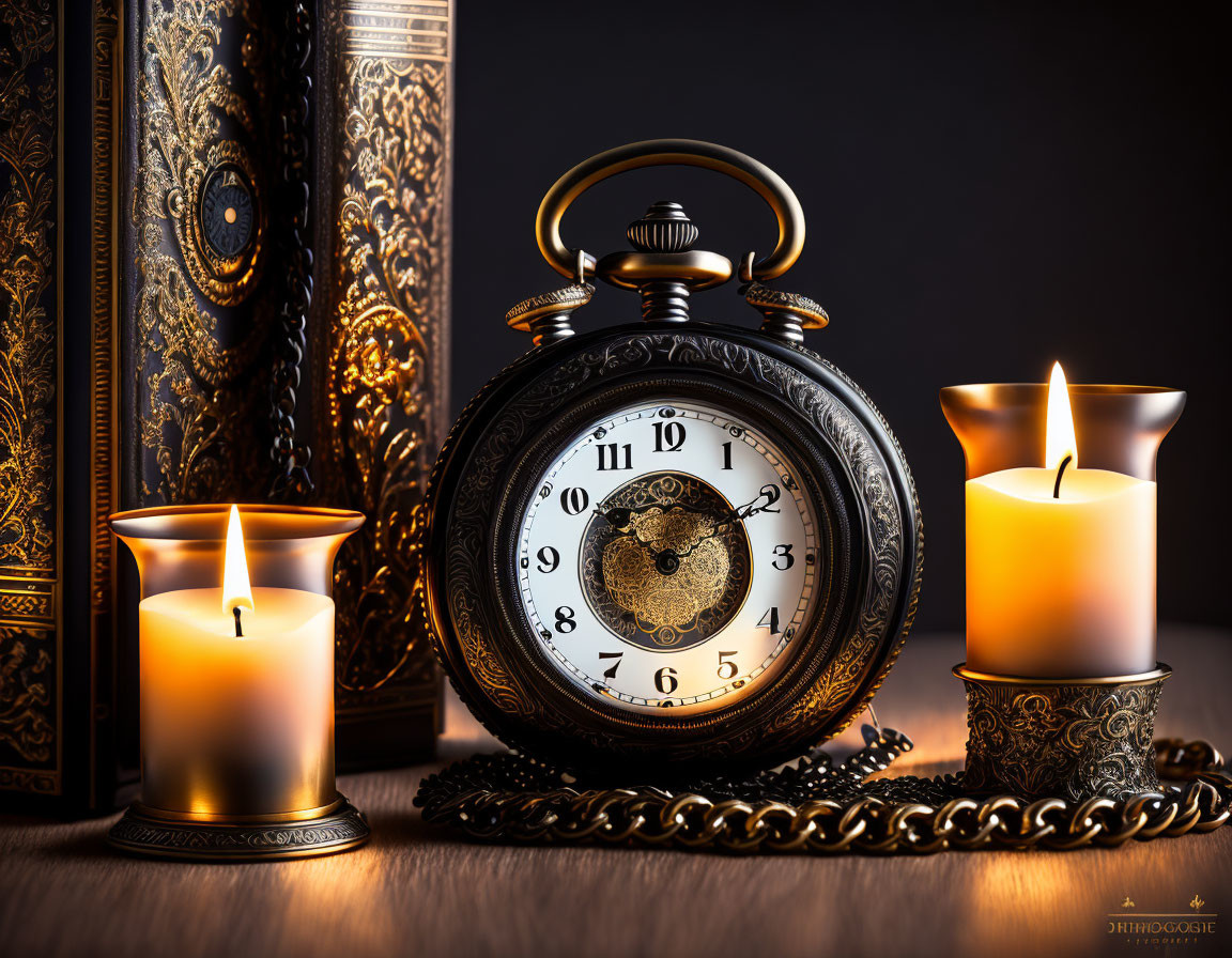 Vintage Pocket Watch with Chain, Lit Candles, and Ornate Books on Wooden Surface