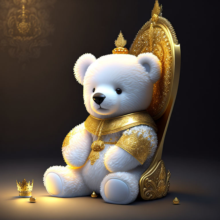 Regal Teddy Bear on Golden Throne with Crown and Sash