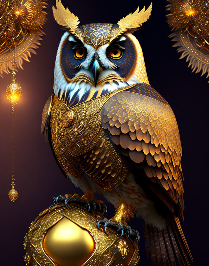 Intricate Owl Artwork with Golden and Bronze Feathers on Decorative Orb