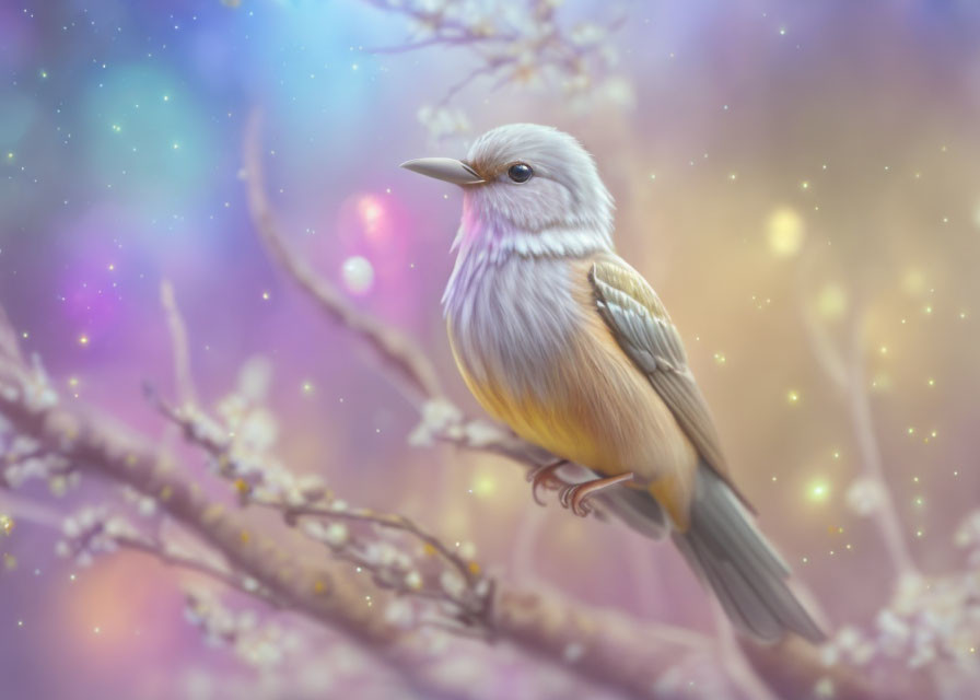 Tranquil bird illustration on blossoming branch in dreamy pastel setting