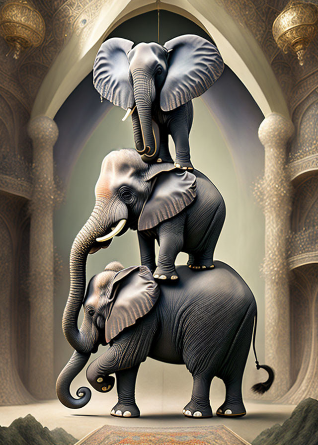 Three elephants in a column under ornate arched hallway