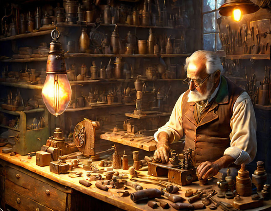 Elderly craftsman in cluttered workshop with wood and tools