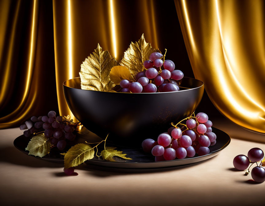 Purple Grapes with Golden Leaves on Black Plate Against Gold Curtain