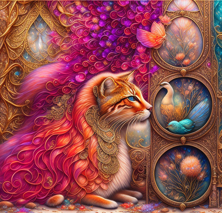 Colorful whimsical cat art in fantasy setting with butterflies