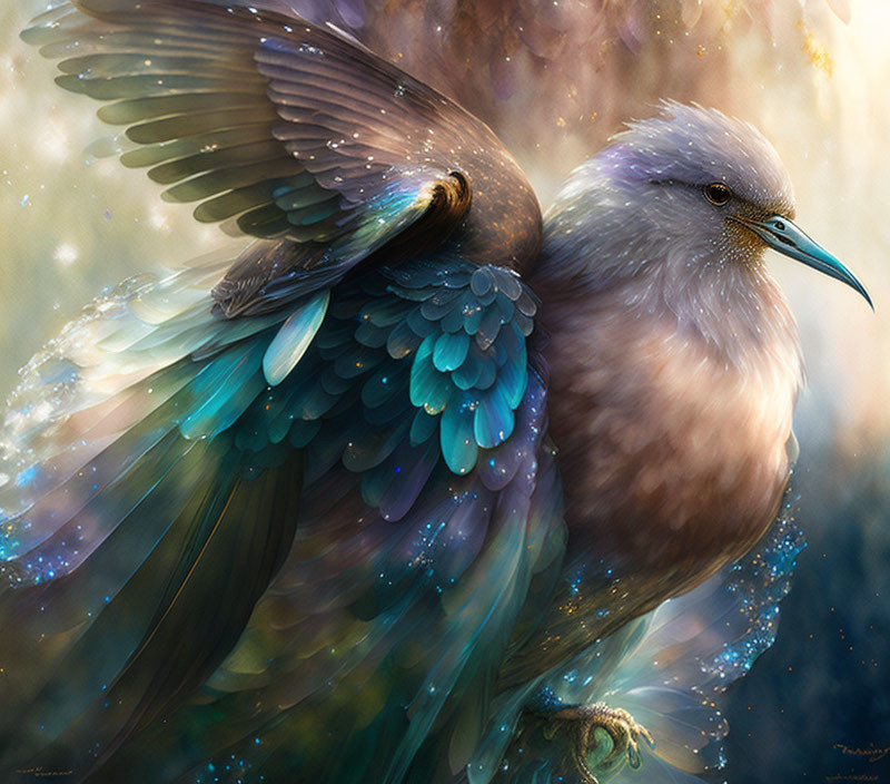 Ethereal birds digital painting with iridescent feathers