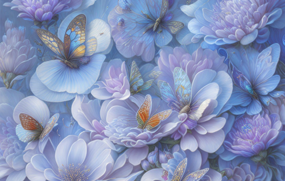 Detailed painting of blue and purple flowers with delicate butterflies perched on petals