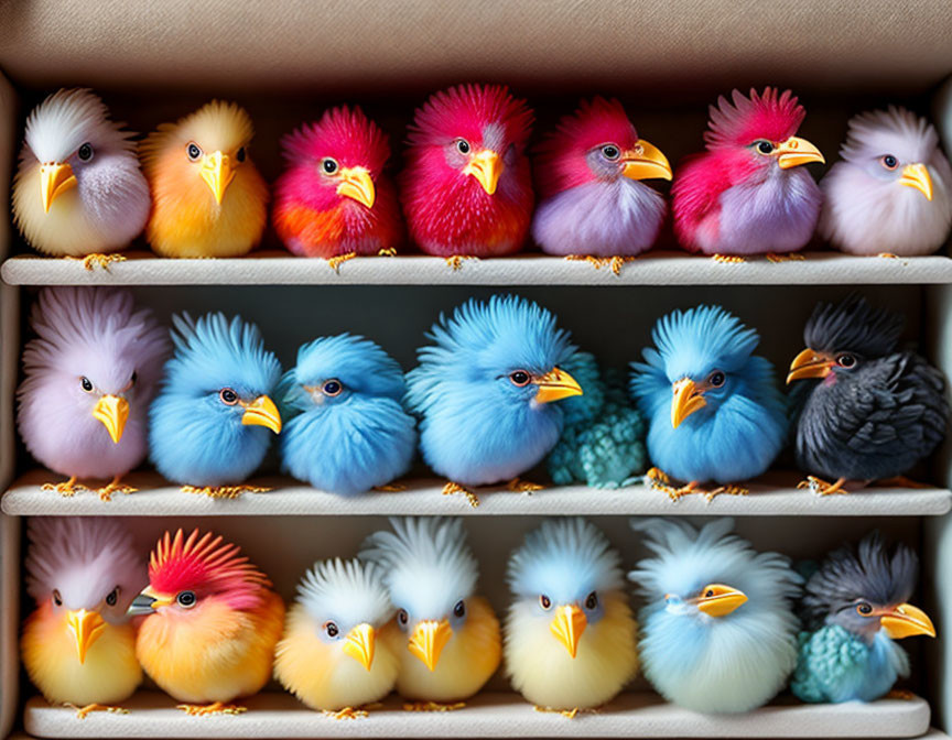 Vibrant fluffy bird figurines in yellow, red, purple, blue, and black on shelves