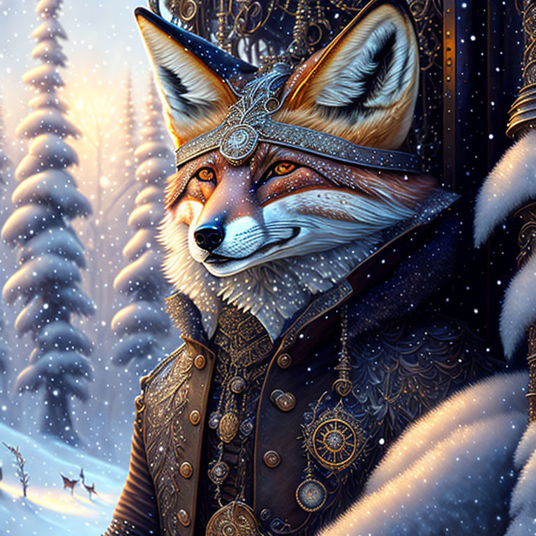 Regal fox in ornate attire against snowy forest landscape