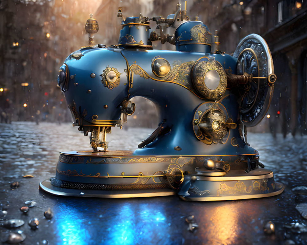 Intricate Steampunk Sewing Machine on Snowy City Street