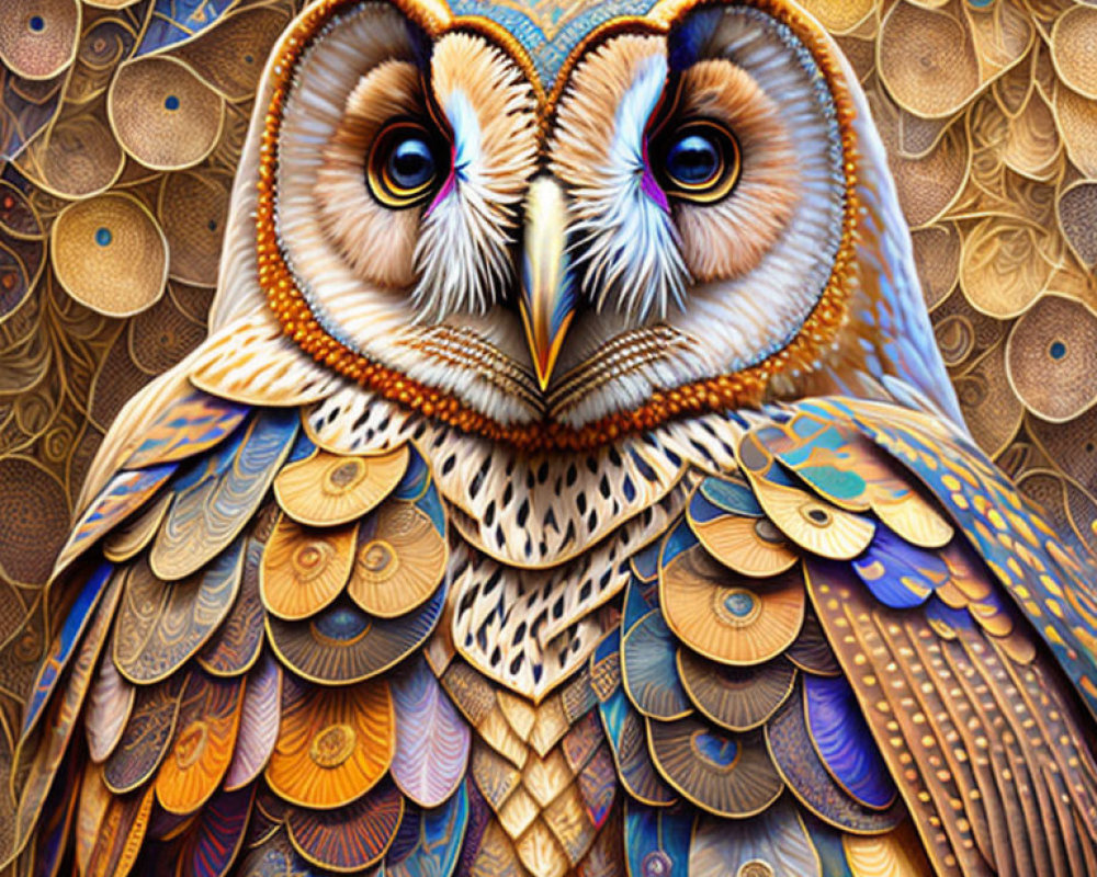 Detailed Digital Artwork: Vibrant Owl with Colorful Feathers & Purple Eyes