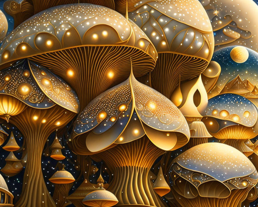 Golden bioluminescent mushrooms in night sky with stars