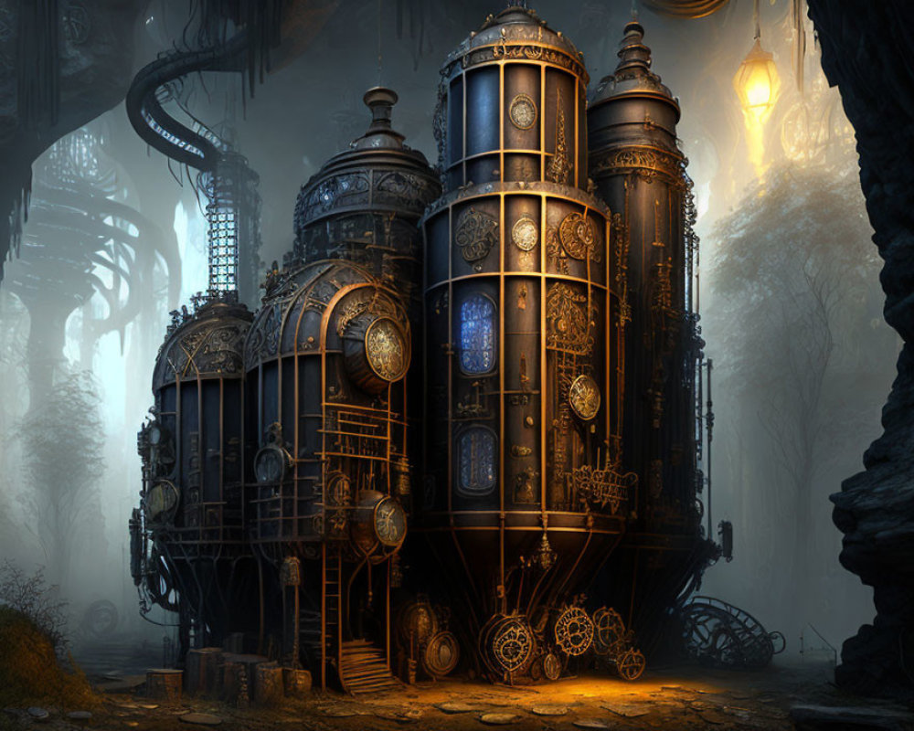 Steampunk structure with cylinders, gears, and glowing elements in misty forest landscape