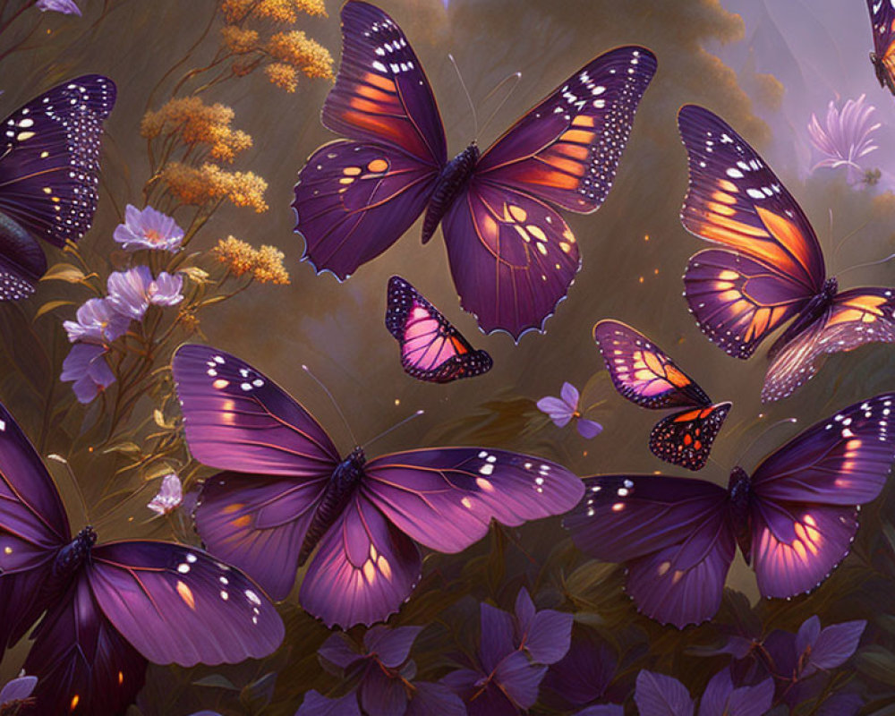 Colorful digital artwork of purple and orange butterflies in a flower-filled, dreamy setting