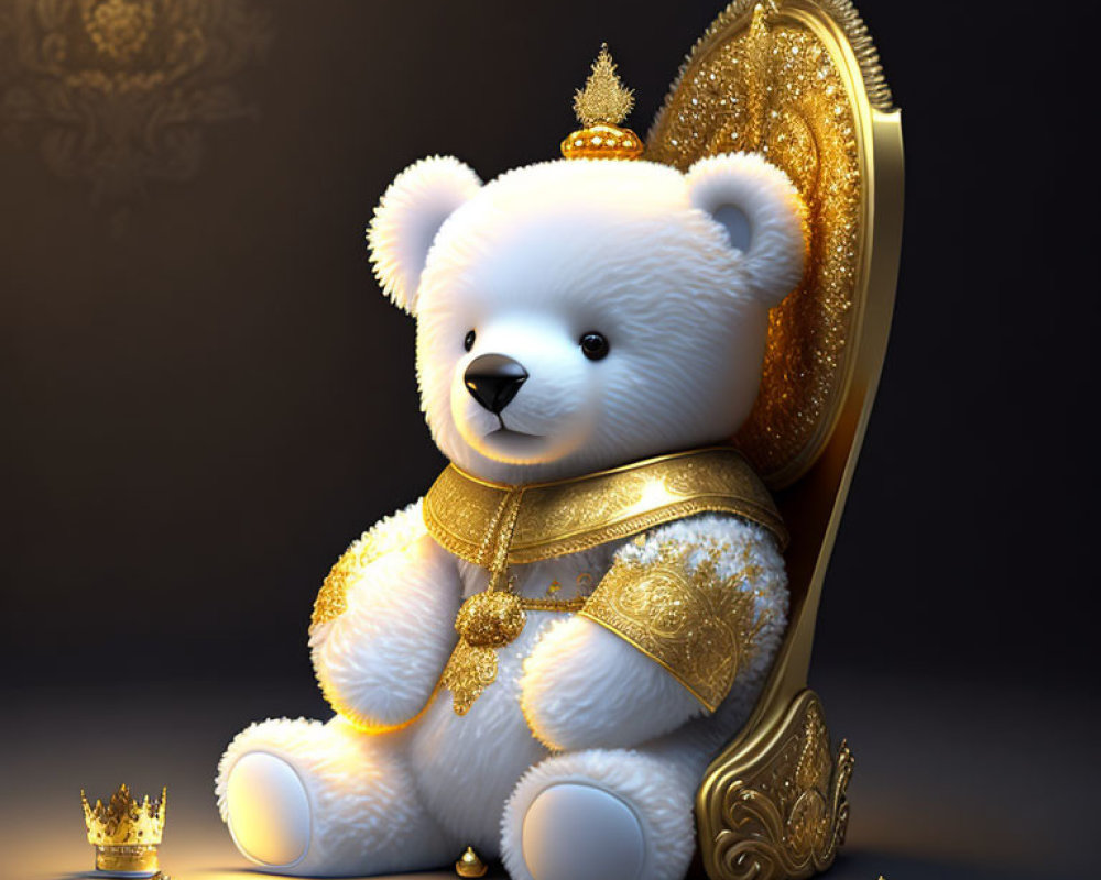 Regal Teddy Bear on Golden Throne with Crown and Sash