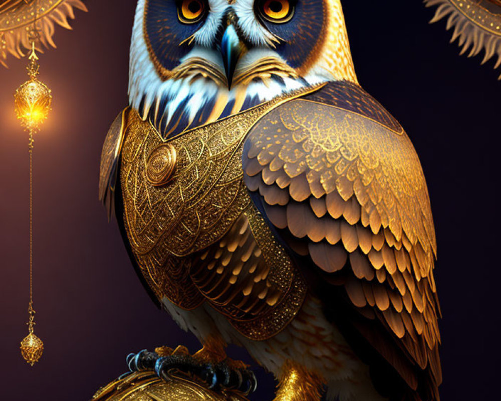 Intricate Owl Artwork with Golden and Bronze Feathers on Decorative Orb