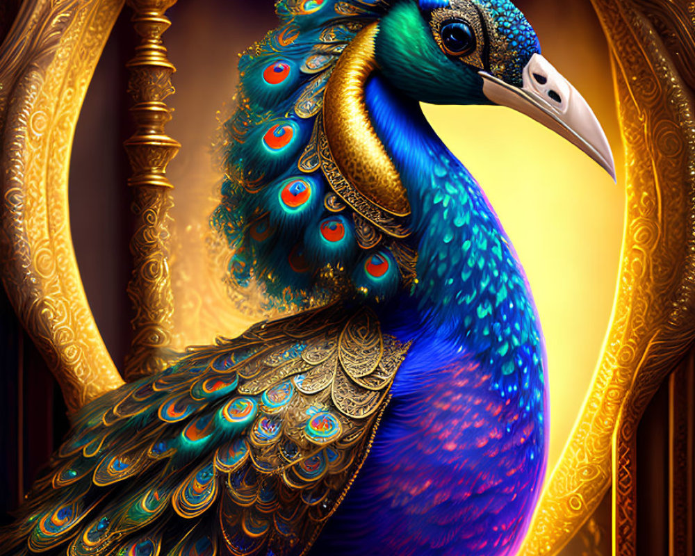 Regal peacock digital artwork with detailed crown in ornate golden frame