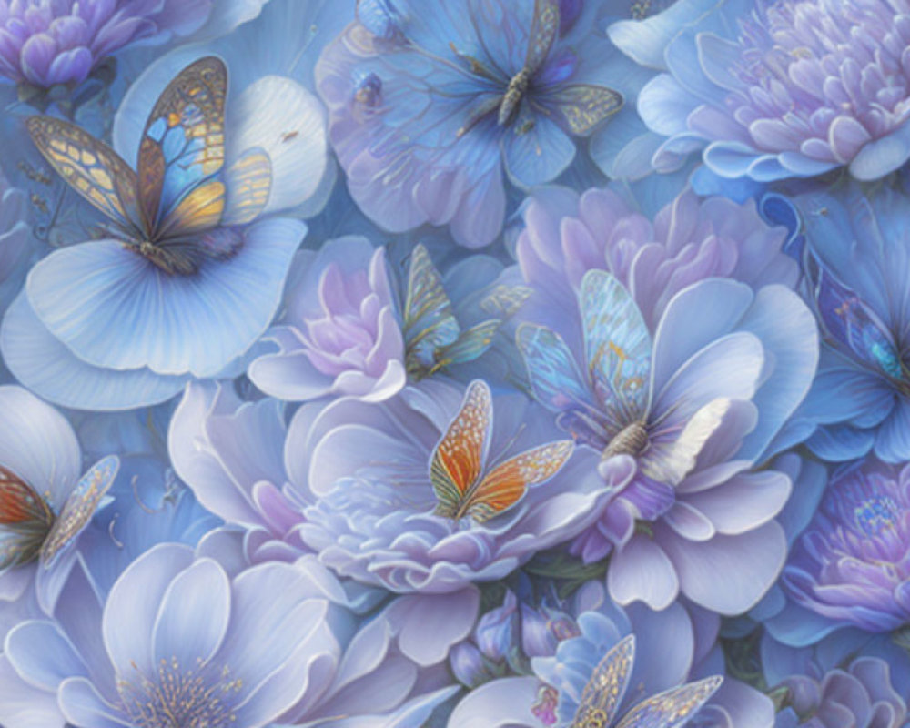 Detailed painting of blue and purple flowers with delicate butterflies perched on petals