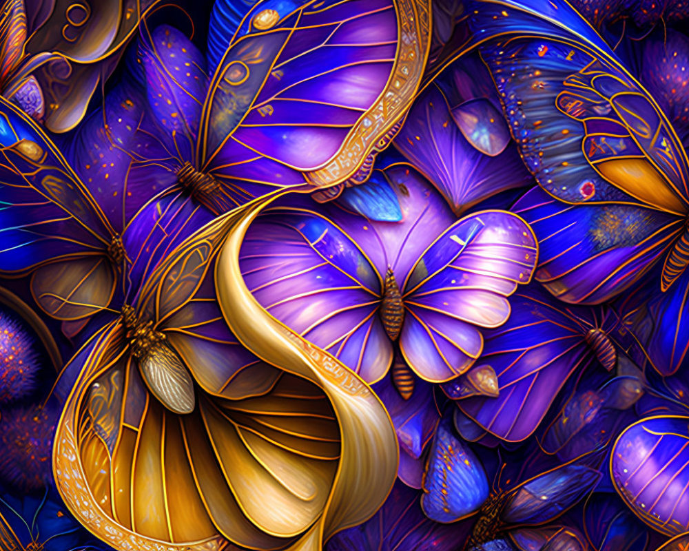 Colorful Butterfly Digital Art in Blue and Purple Against Cosmic Background