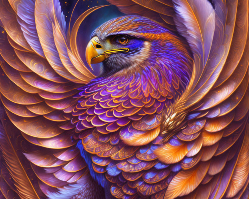 Detailed illustration of majestic eagle in vibrant purple, orange, and brown hues