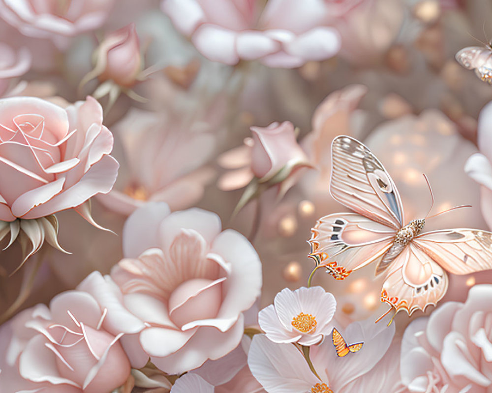 Serene scene with pale pink roses and butterflies in dreamy flora