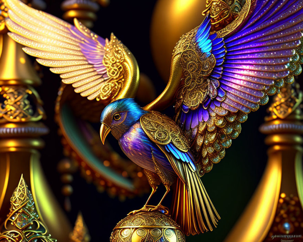 Stylized bird with ornate gold and jewel-toned wings in a vibrant digital artwork