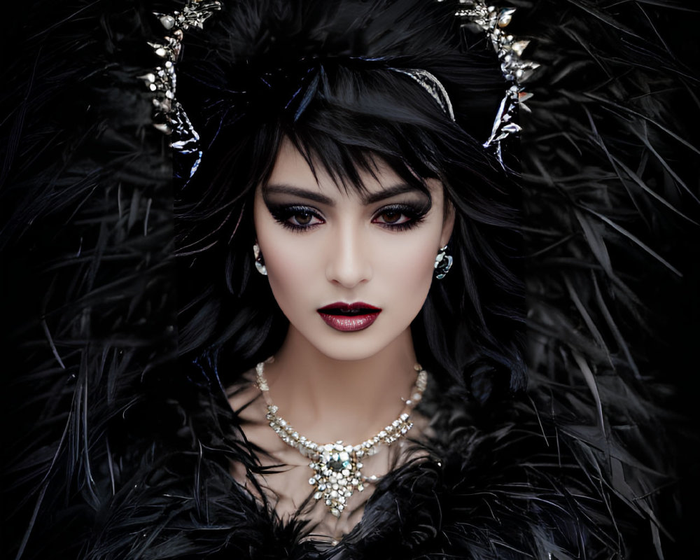 Dark Makeup and Feathered Headpiece with Jewels for a Gothic, Elegant Look