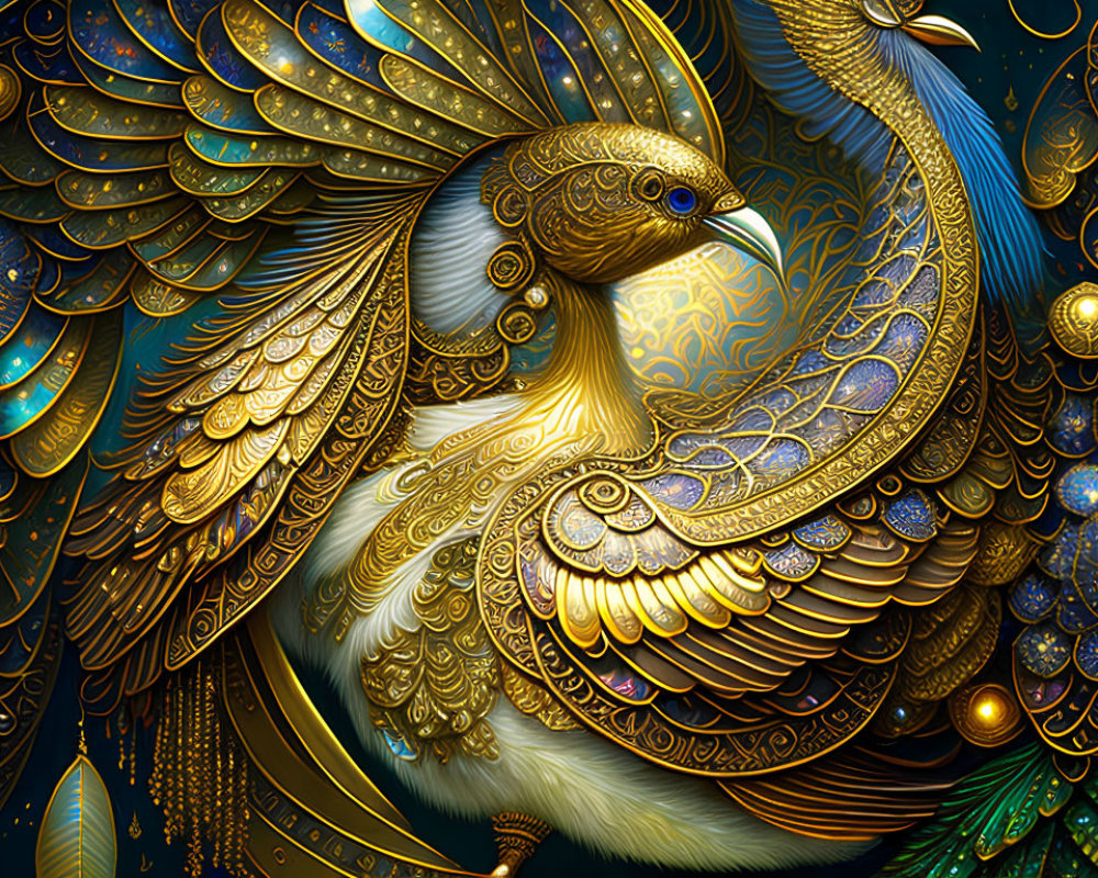 Golden Peacock with Blue and Gold Feathers on Navy Background