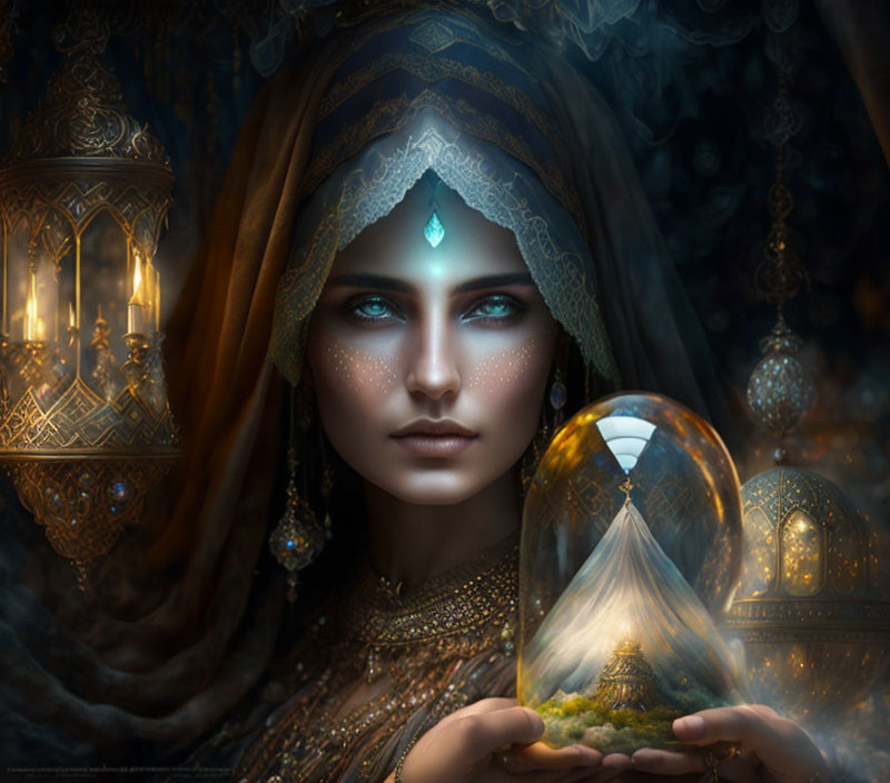 Mystical woman with blue eyes and crystal ball cityscape.