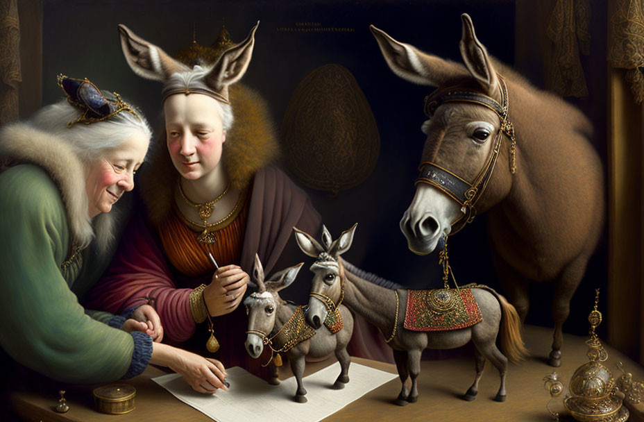 Elderly and young women in royal attire with donkeys in regal decor.