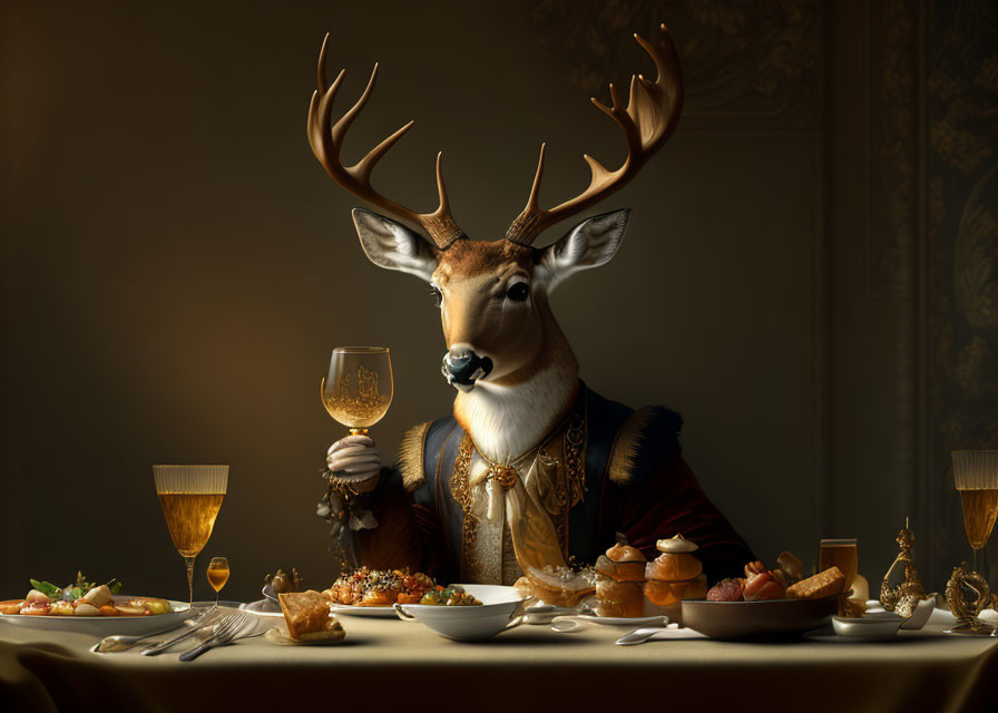 Regal deer in lavish banquet setting with wine glass