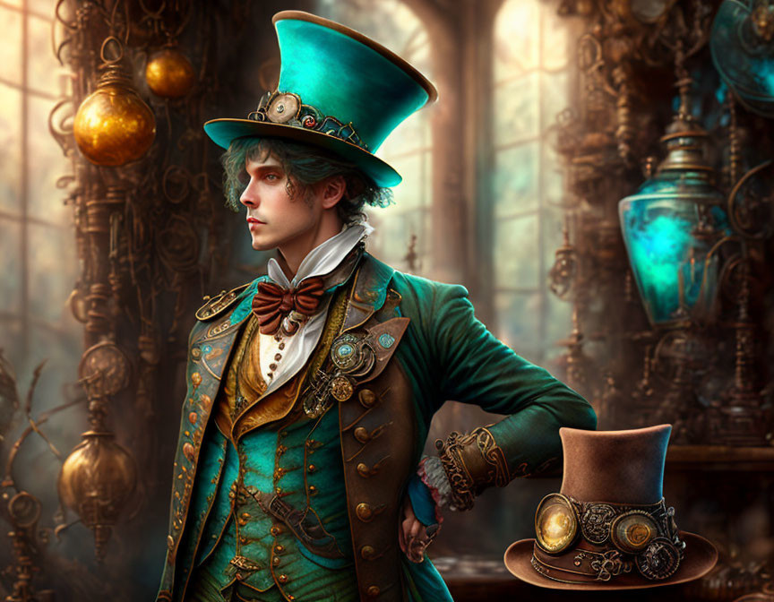 Elaborate steampunk costume with green top hat in gear-filled room