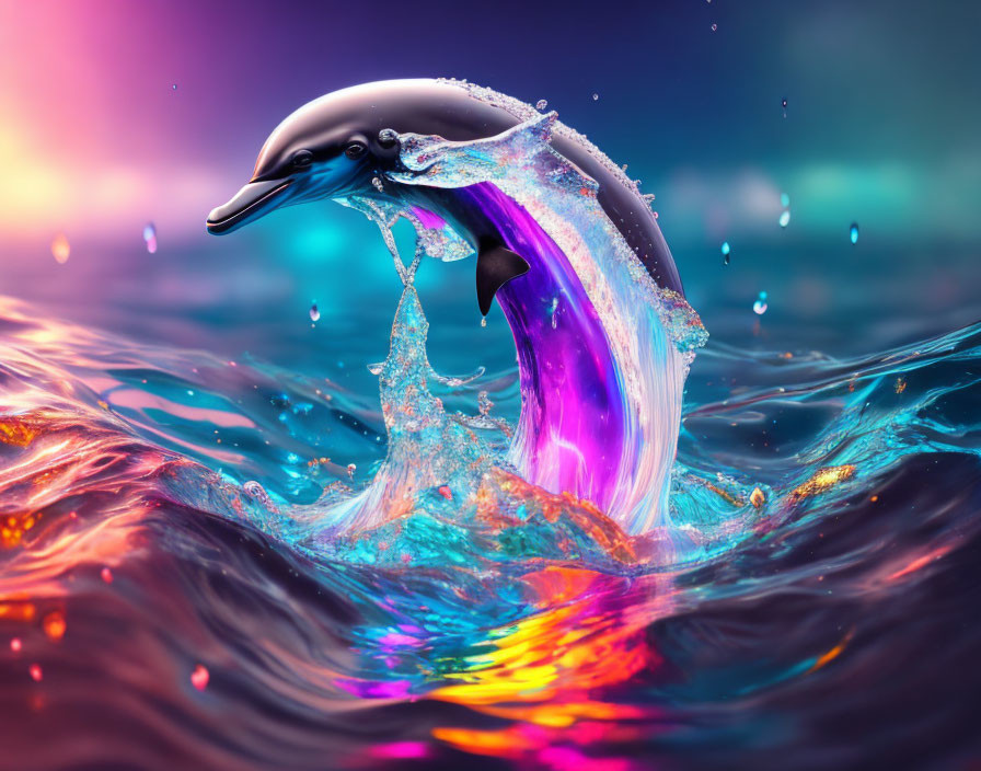 Colorful Dolphin Leaping from Water in Digital Art