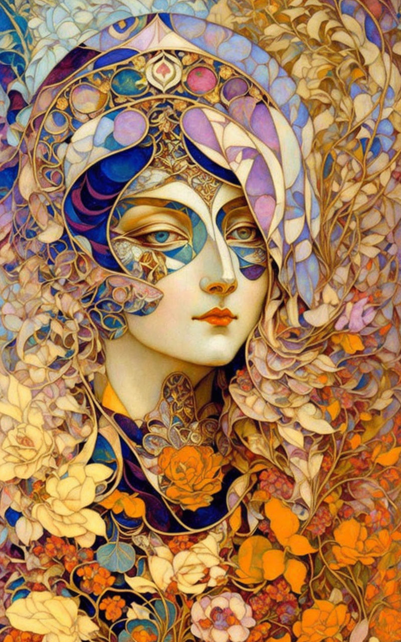 Art Nouveau Style Woman Illustration with Floral Patterns and Masked Face