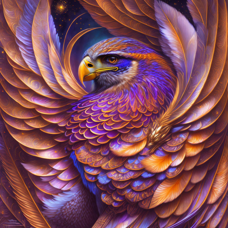 Detailed illustration of majestic eagle in vibrant purple, orange, and brown hues