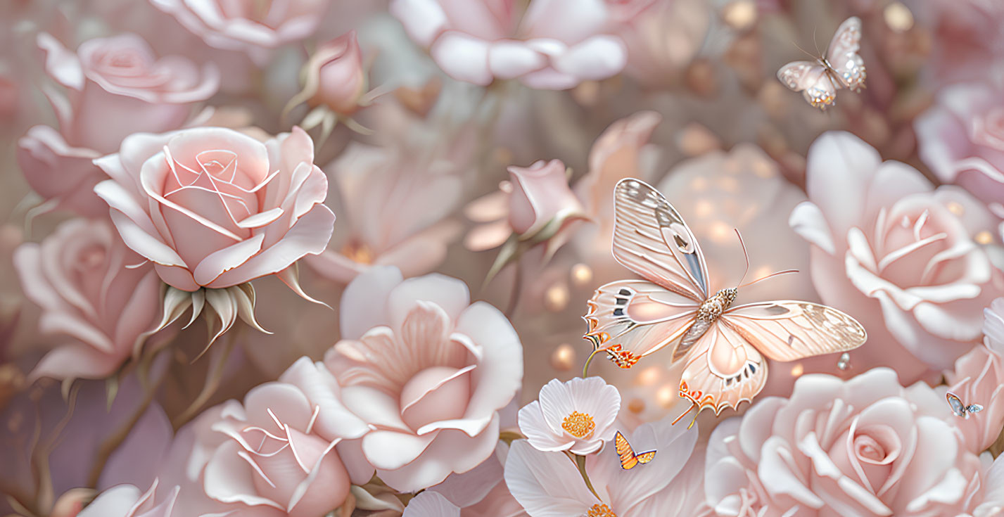 Serene scene with pale pink roses and butterflies in dreamy flora