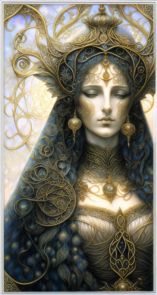 Ethereal artwork: Woman in gold headdress and blue garments