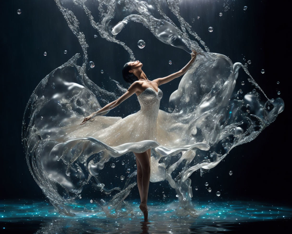 Dancer in Sparkling Dress Amid Dynamic Water Splashes