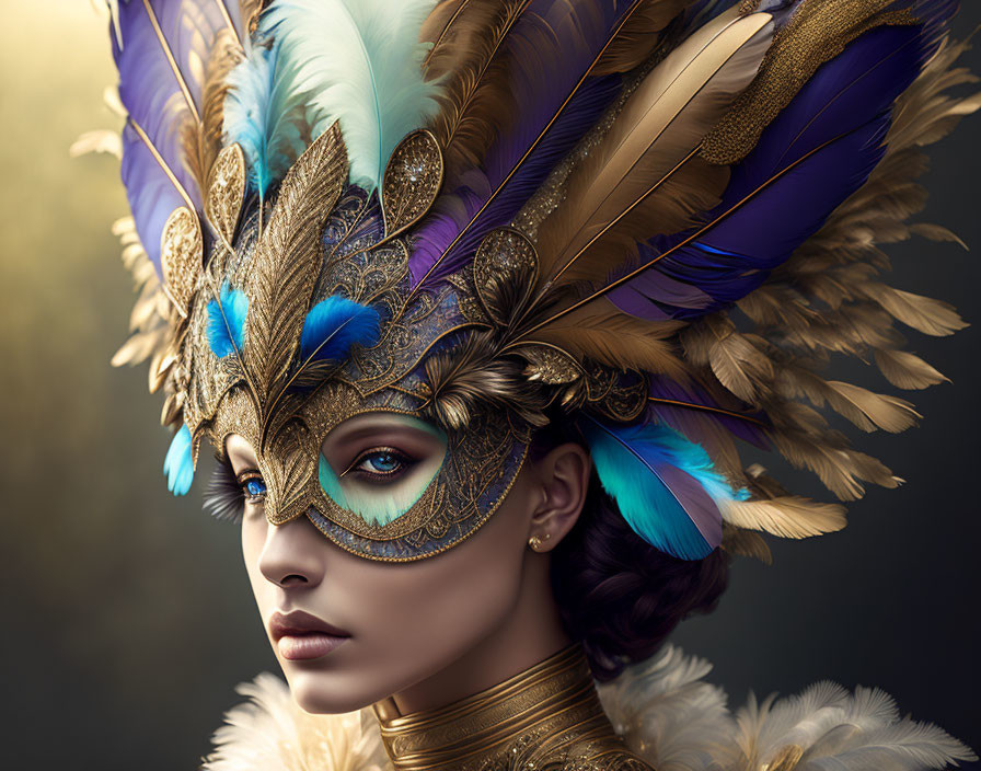 Woman with Striking Blue Eyes in Golden Masquerade Mask