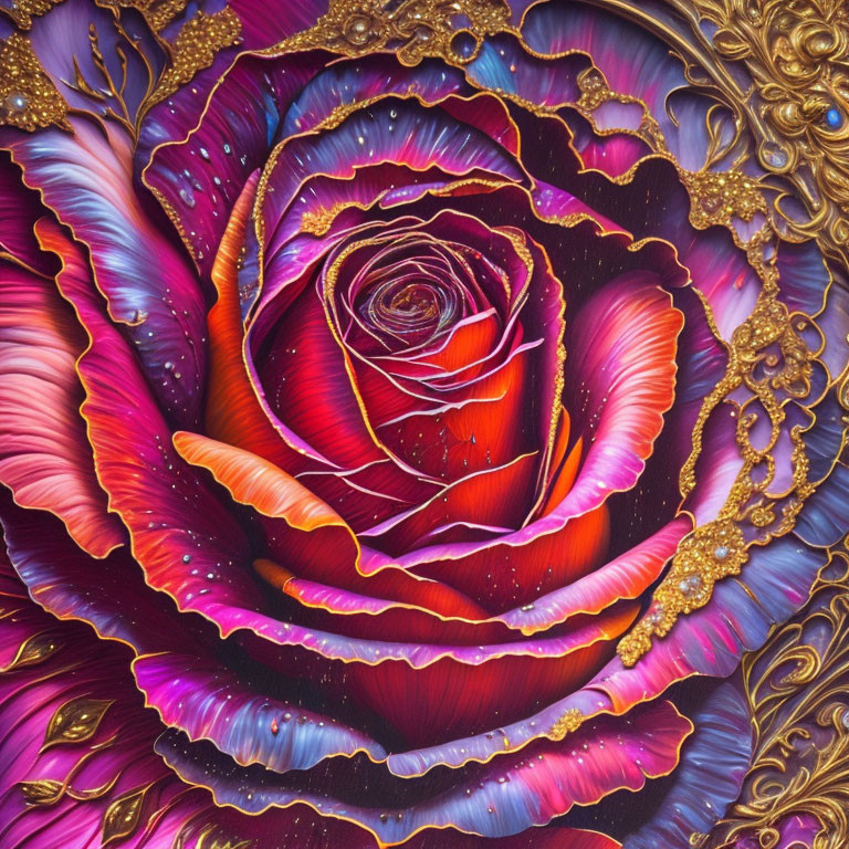 Colorful Stylized Rose Art with Golden Accents