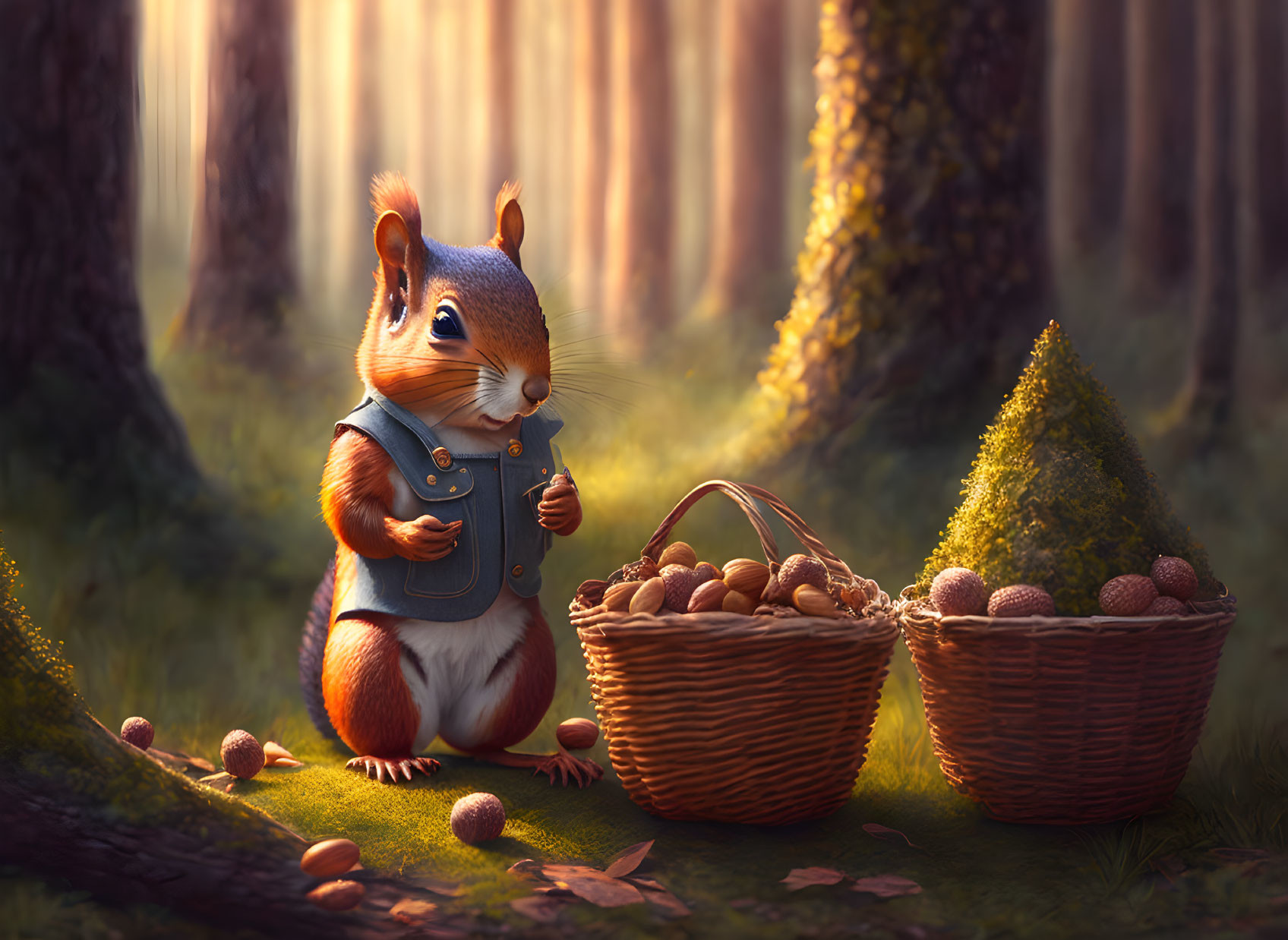 Anthropomorphic squirrel in blue coat with baskets of nuts in sunlit forest.